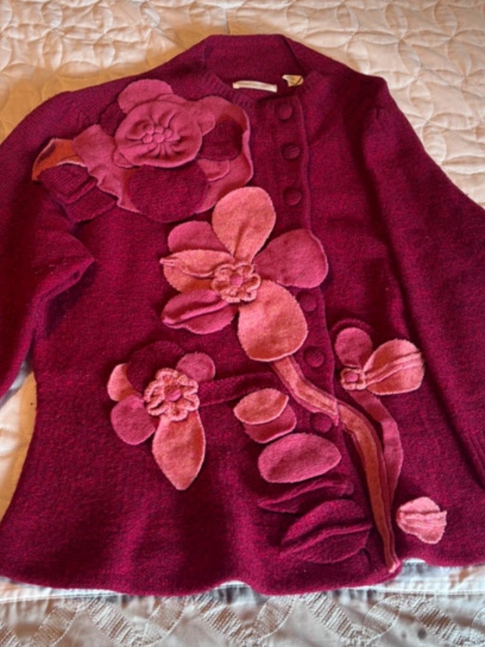 Anthropologie RARE Wine and Pink Floral Appliqué Button Cardigan